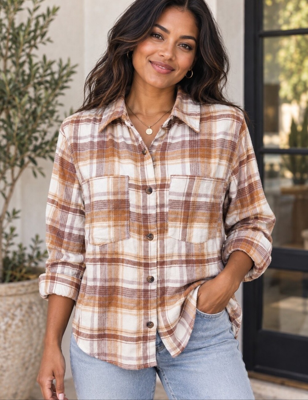 WallFlower Women’s Plaid Flannel Button Down Shirt Brown Cream Size L